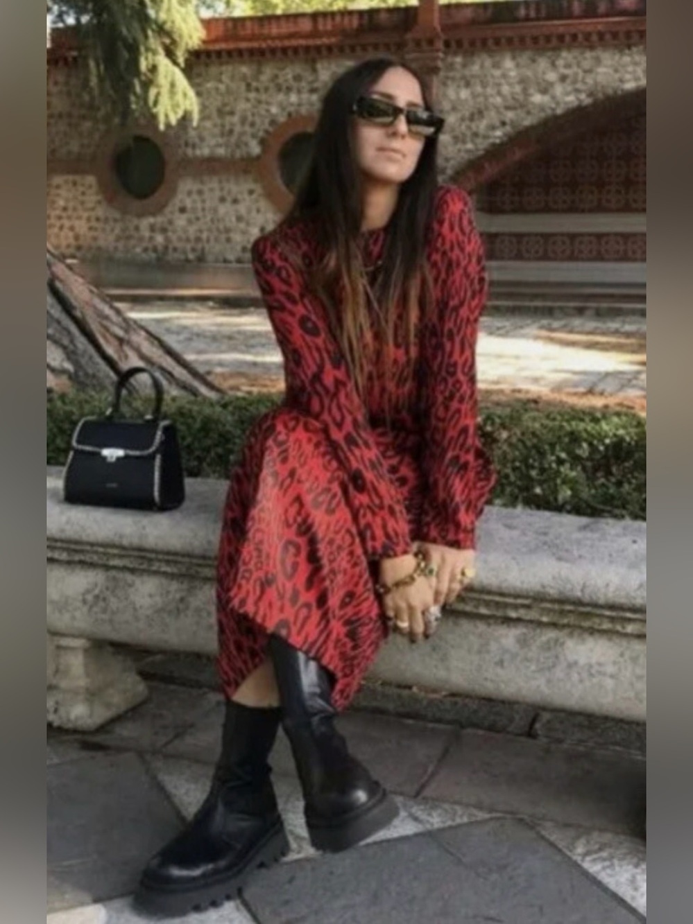 Zara Woman Red Black Leopard Animal Print Long Sleeve Midi Dress Lightweight